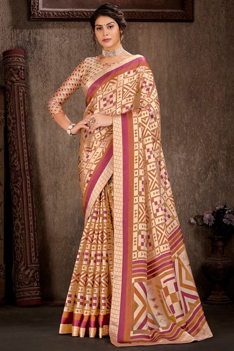 Cream Color Brasso Saree With Foil Printed Work