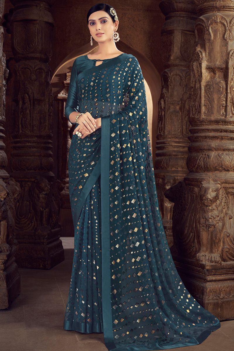 Teal Color Brasso Festive Look Remarkable Saree