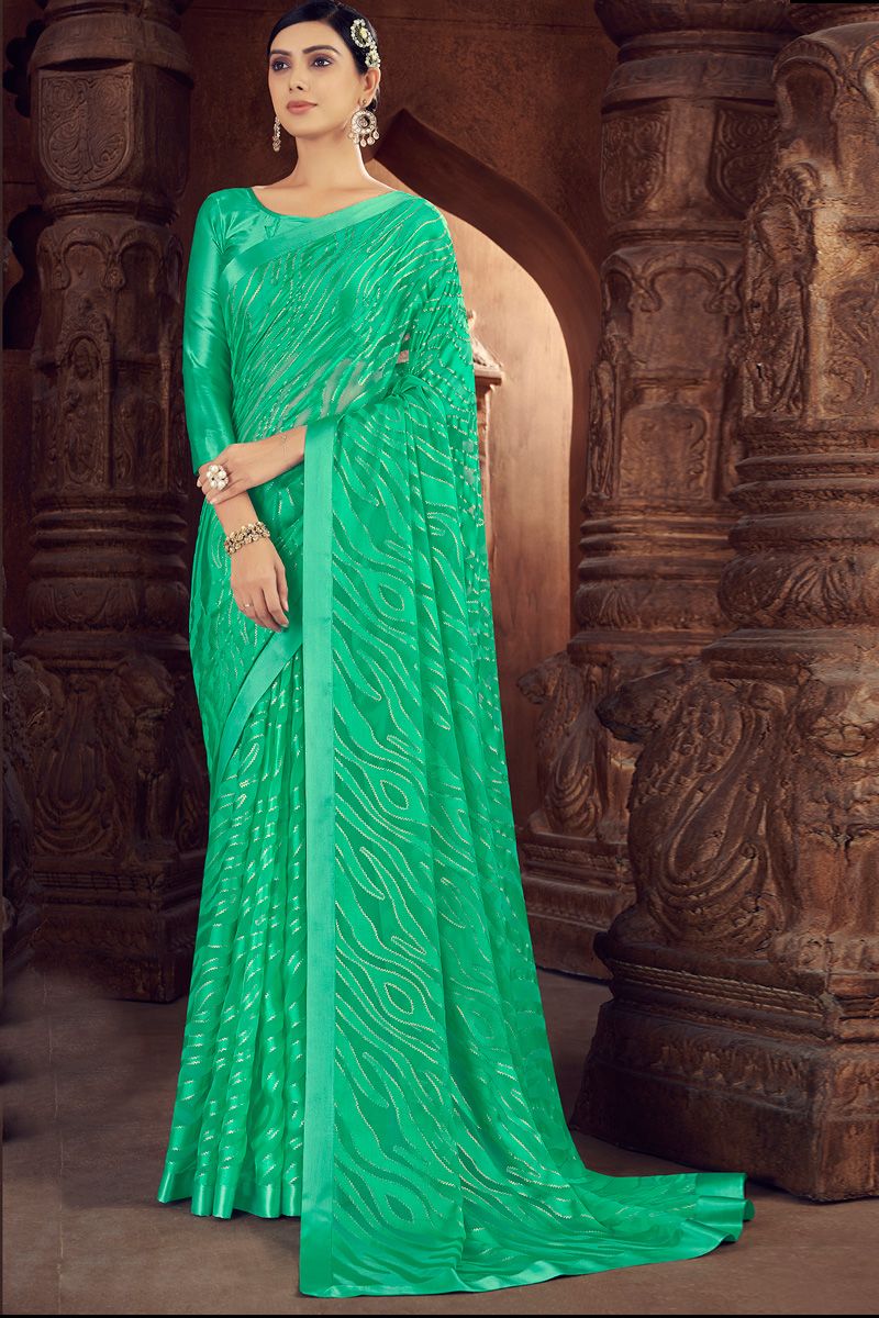 Green Color Brasso Adorming Festive Look Work Saree