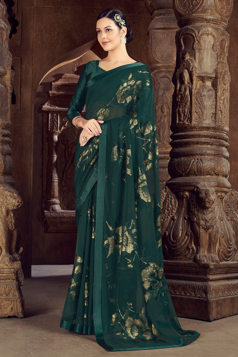 Dark Green Color Brasso Festive Look Divine Saree