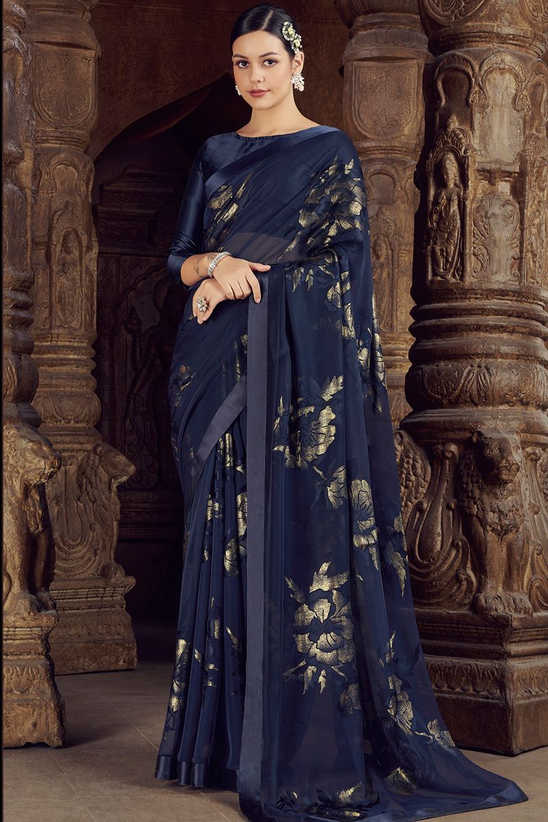 Navy Blue Color Brasso Festive Look Mesmeric Saree