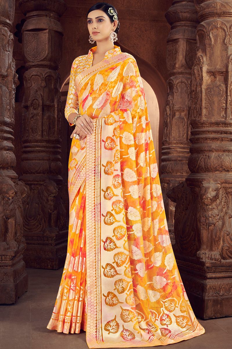 Festive Look Yellow Color Inventive Saree In Brasso Fabric