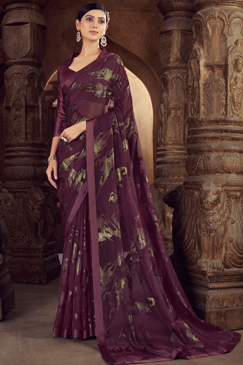 Festive Look Wine Color Amazing Saree In Brasso Fabric