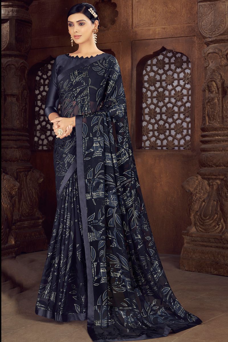 Navy Blue Color Brasso Festive Look Alluring Saree