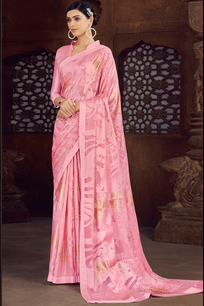 Pink Color Brasso Trendy Festive Look Saree