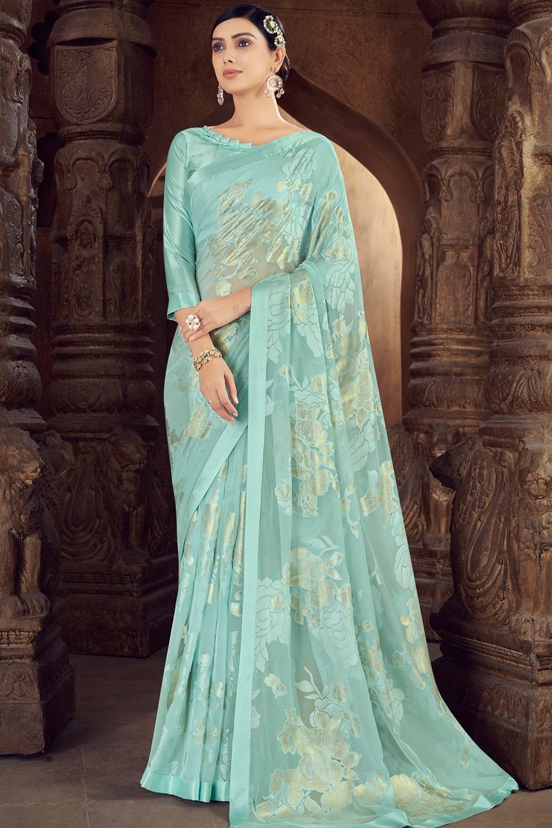 Brasso Festive Look Classic Saree In Light Cyan Color