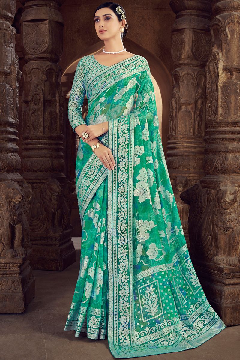 Festive Look Green Color Precious Saree In Brasso Fabric