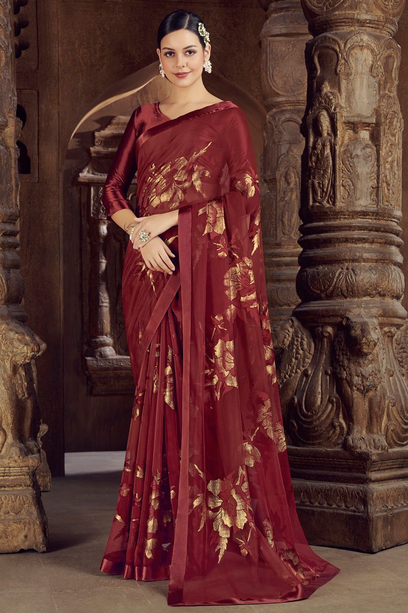 Maroon Color Brasso Stunning Festive Look Saree