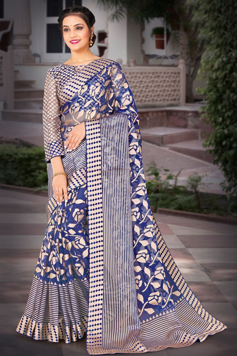 Blue Color Fantastic Foil Printed Organza Saree