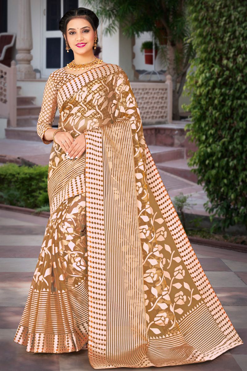 Mustard Color Incredible Foil Printed Organza Saree