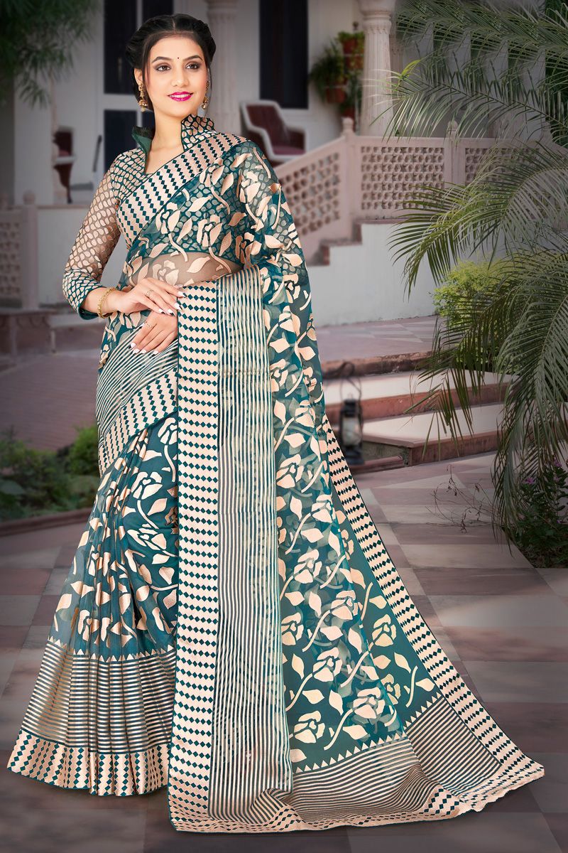 Teal Color Charismatic Foil Printed Organza Saree