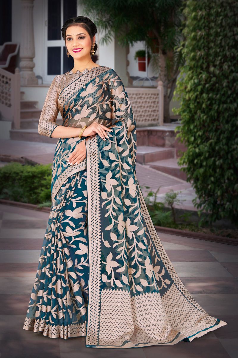 Blue Color Phenomenal Foil Printed Organza Saree