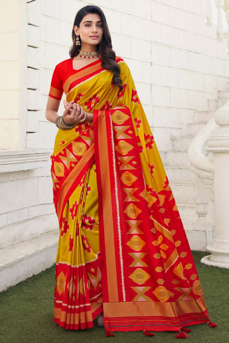 Radiant Digital Printed Yellow Color Patola Art Silk Saree