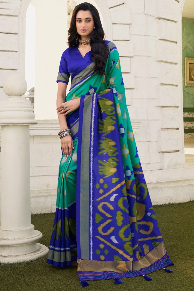 Sea Green Color Digital Printed Beatific Patola Art Silk Saree