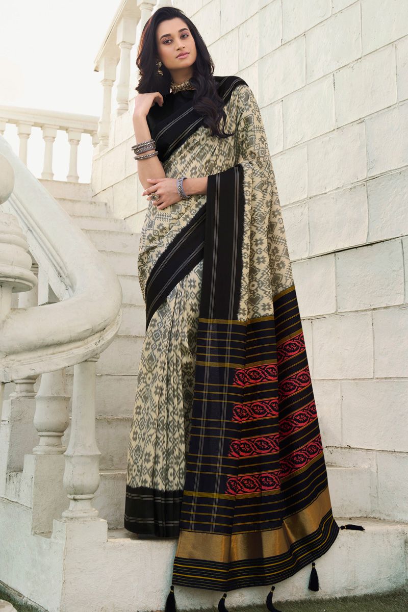 Incredible Digital Printed Cream Color Patola Art Silk Saree