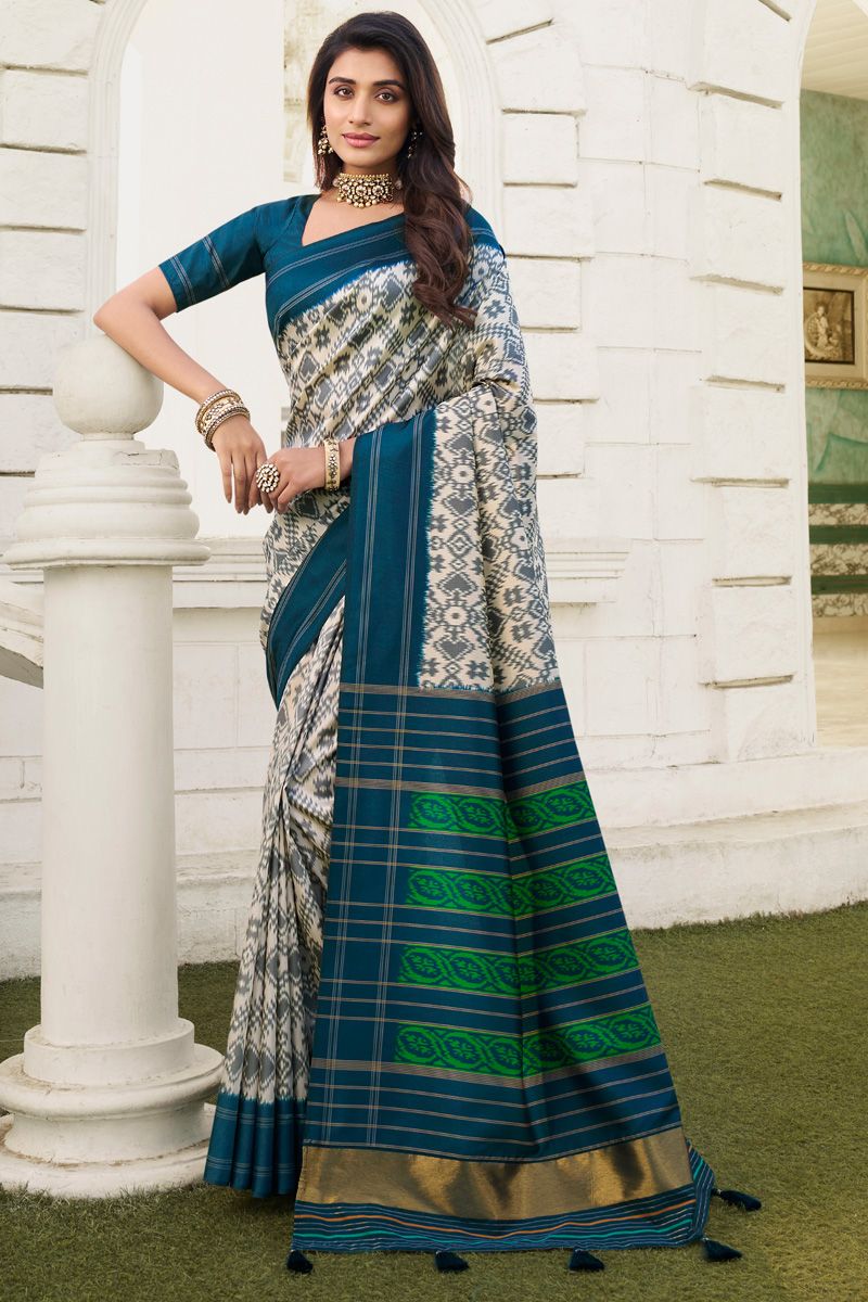 Tempting Digital Printed Cream Color Patola Art Silk Saree