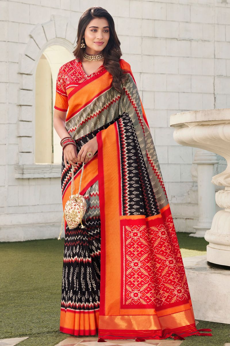 Dazzling Digital Printed Grey And Black Color Patola Art Silk Saree