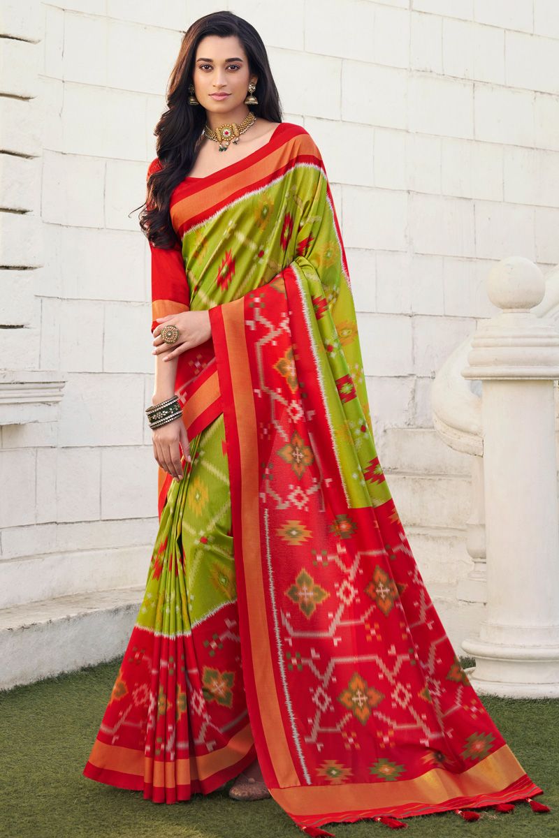 Mesmeric Green Color Digital Printed Patola Art Silk Saree