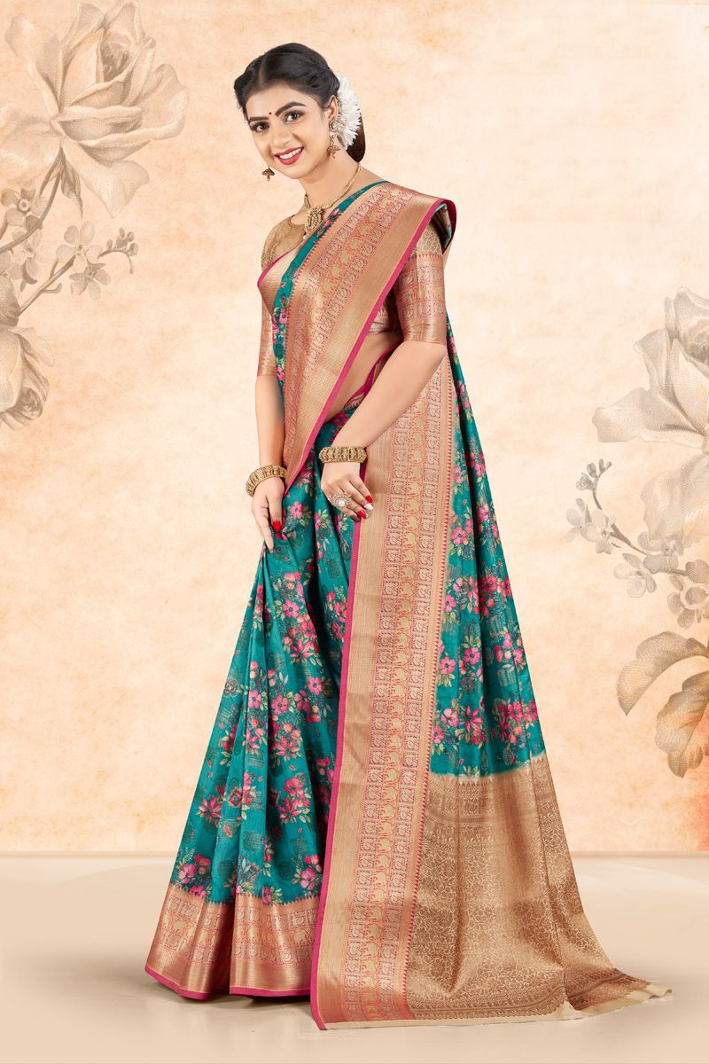 Art Silk Festive Look Luxurious Saree In Cyan Color