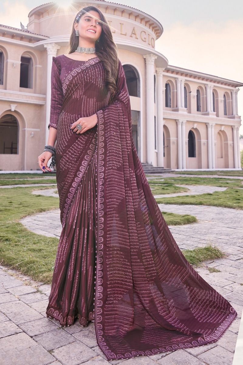 Georgette Wine Color Riveting Printed Casual Saree