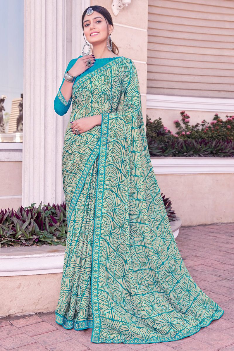 Georgette Cyan Color Excellent Printed Casual Saree