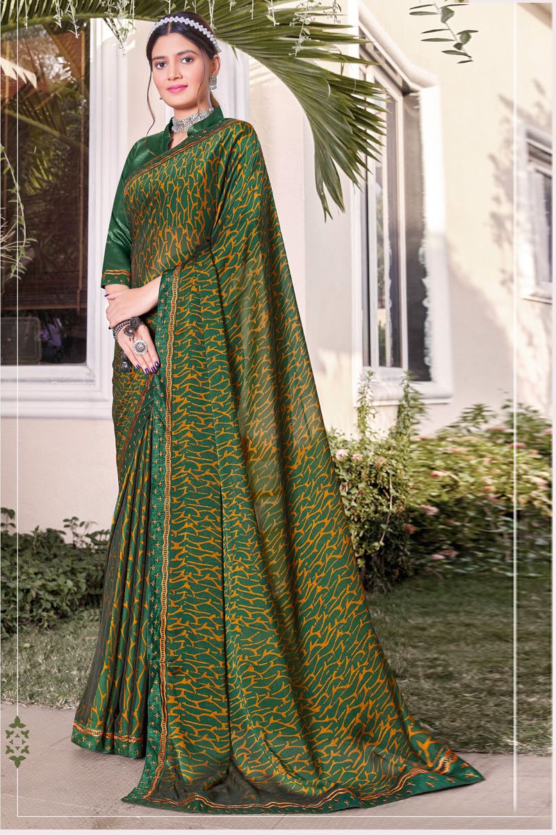 Georgette Green Color Patterned Printed Casual Saree