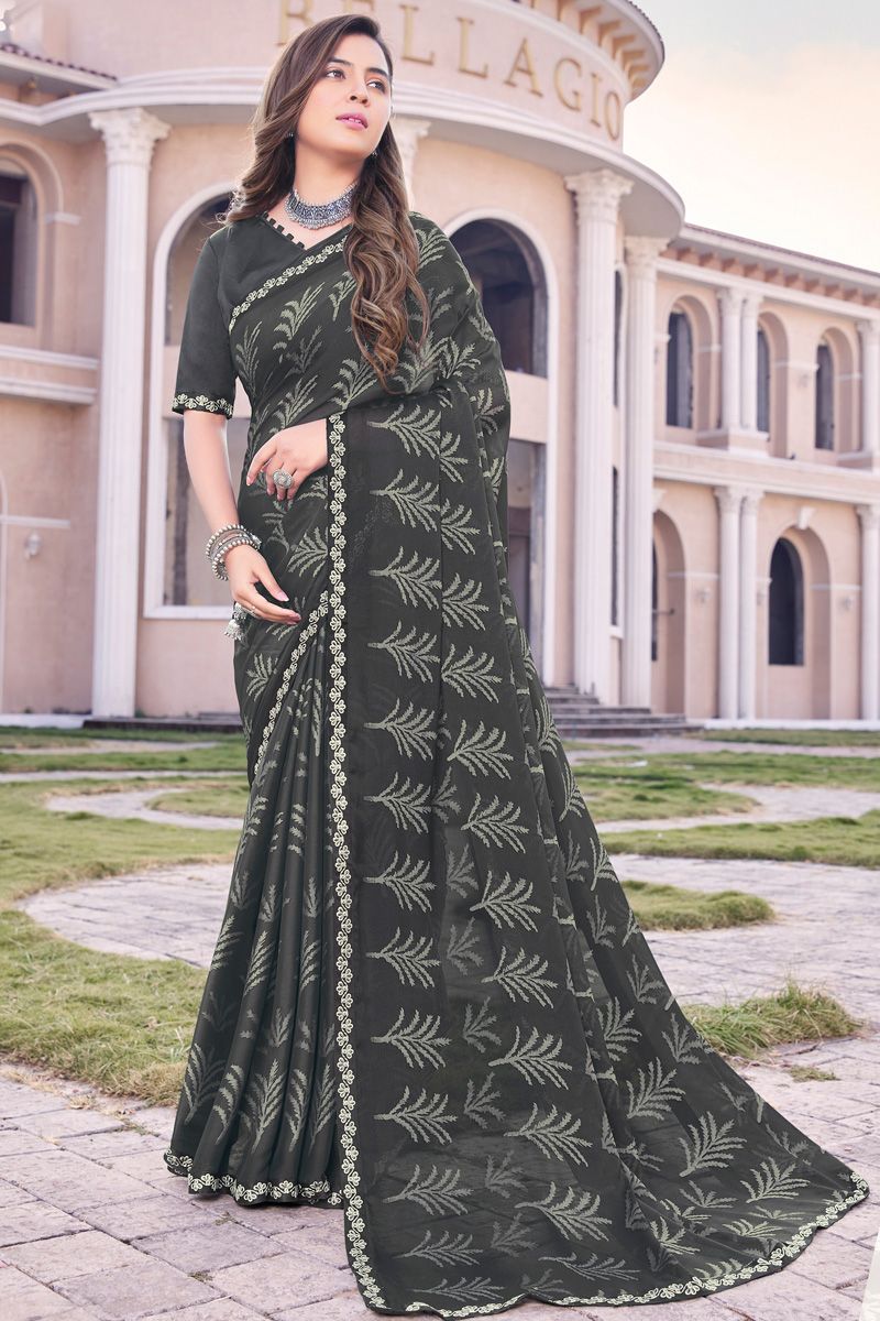 Mehendi Green Color Georgette Engaging Printed Casual Saree