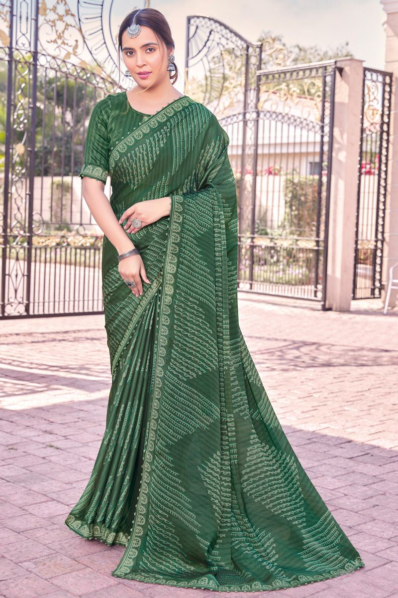 Excellent Georgette Dark Green Color Printed Casual Saree