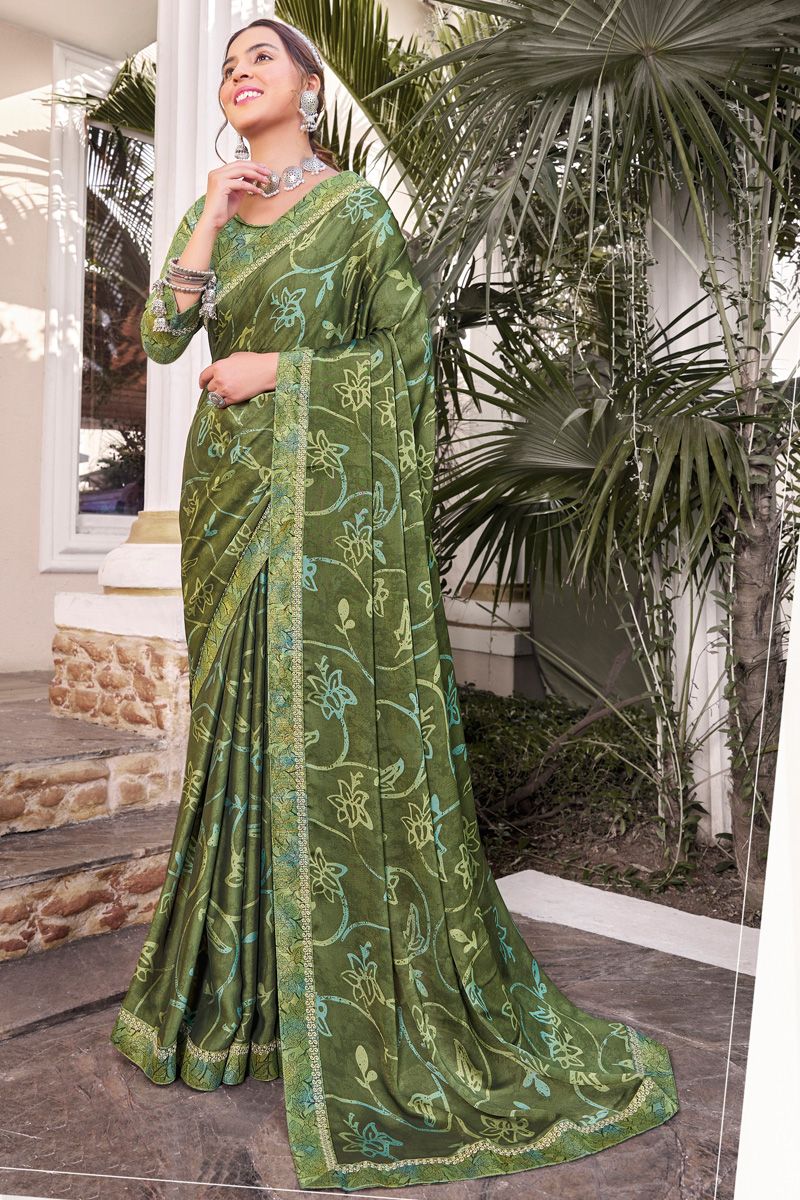 Olive Color Georgette Stunning Printed Casual Saree