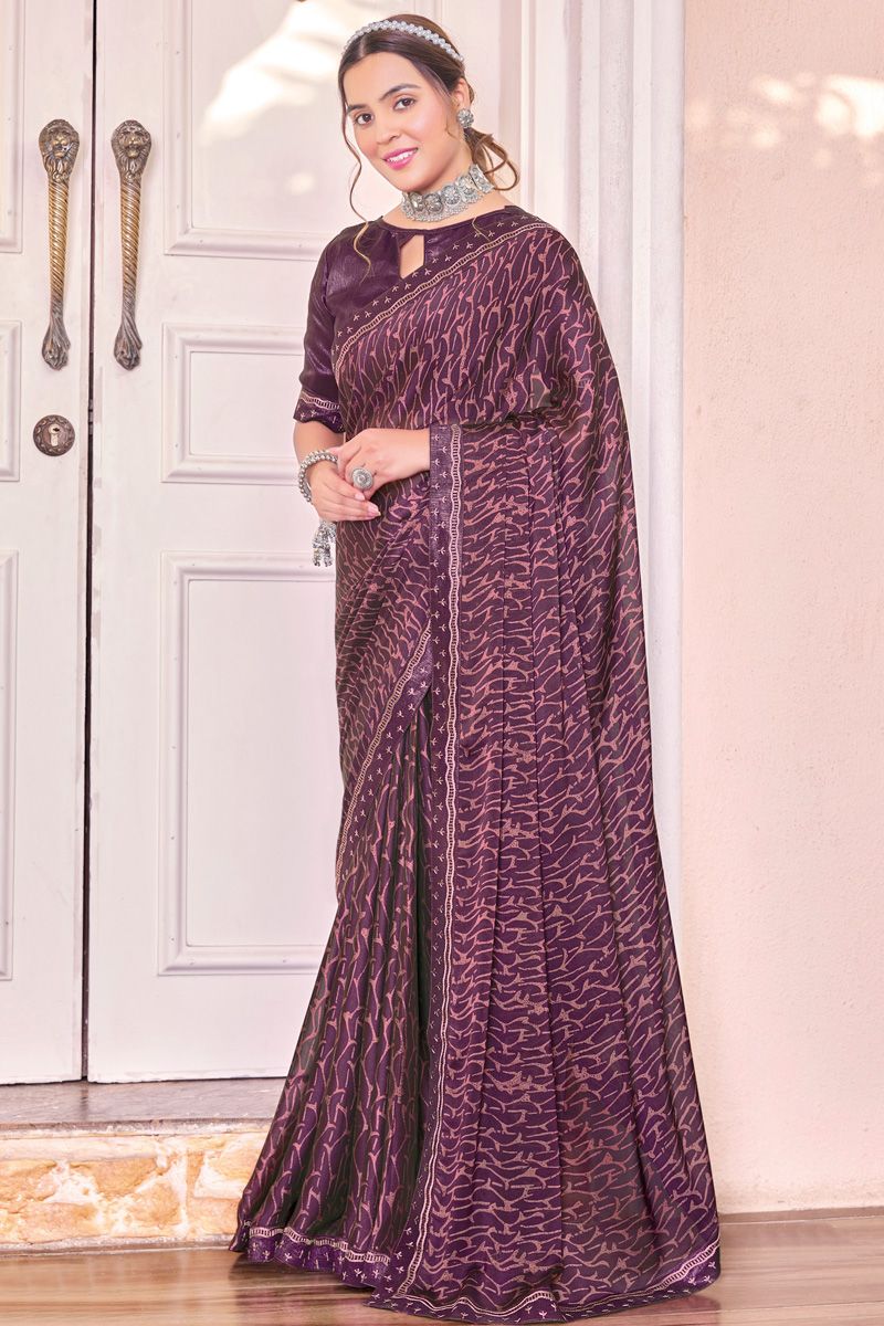 Georgette Bewitching Printed Casual Saree In Purple Color