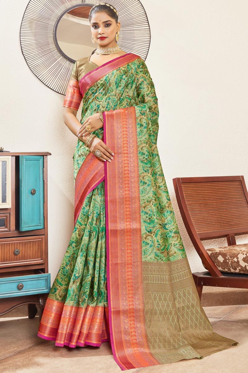 Engaging Green Color Digital Printed Art Silk Saree