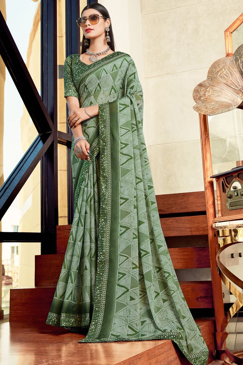 Beguiling Olive Color Georgette Casual Look Printed Saree