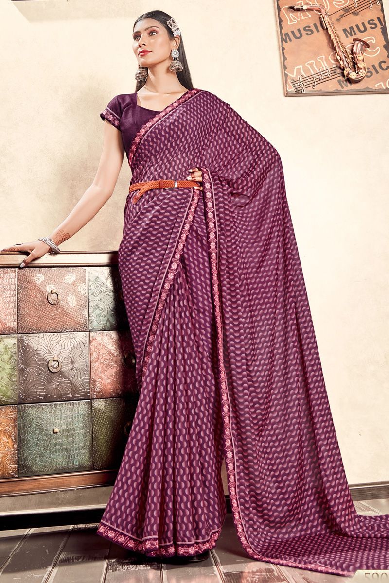 Incredible Georgette Wine Color Casual Look Printed Saree