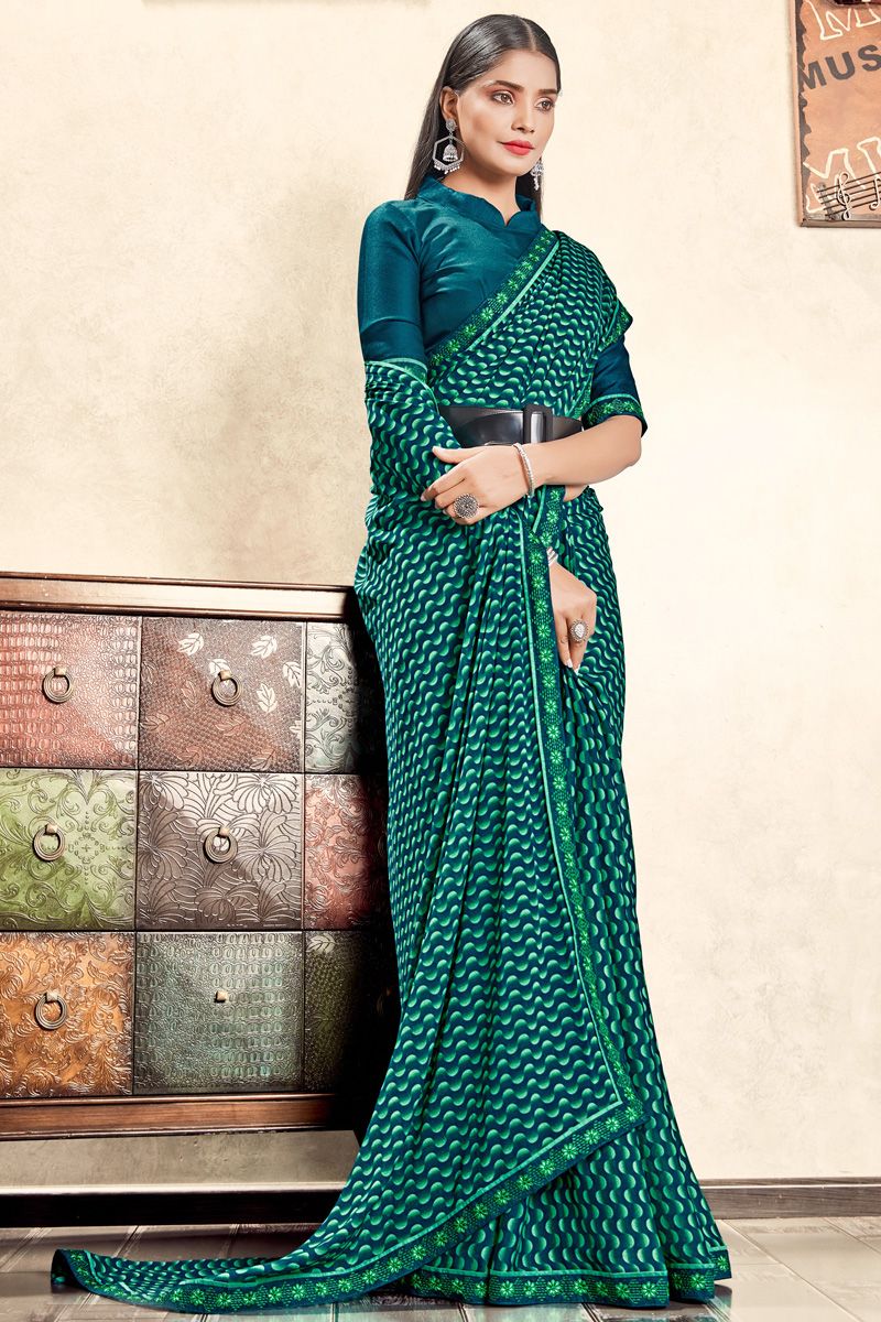 Tempting Georgette Teal Color Casual Look Printed Saree