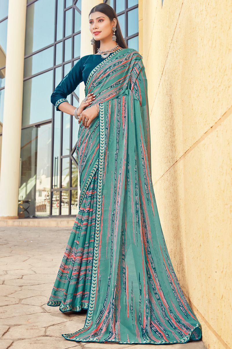 Amazing Sea Green Color Georgette Casual Look Printed Saree