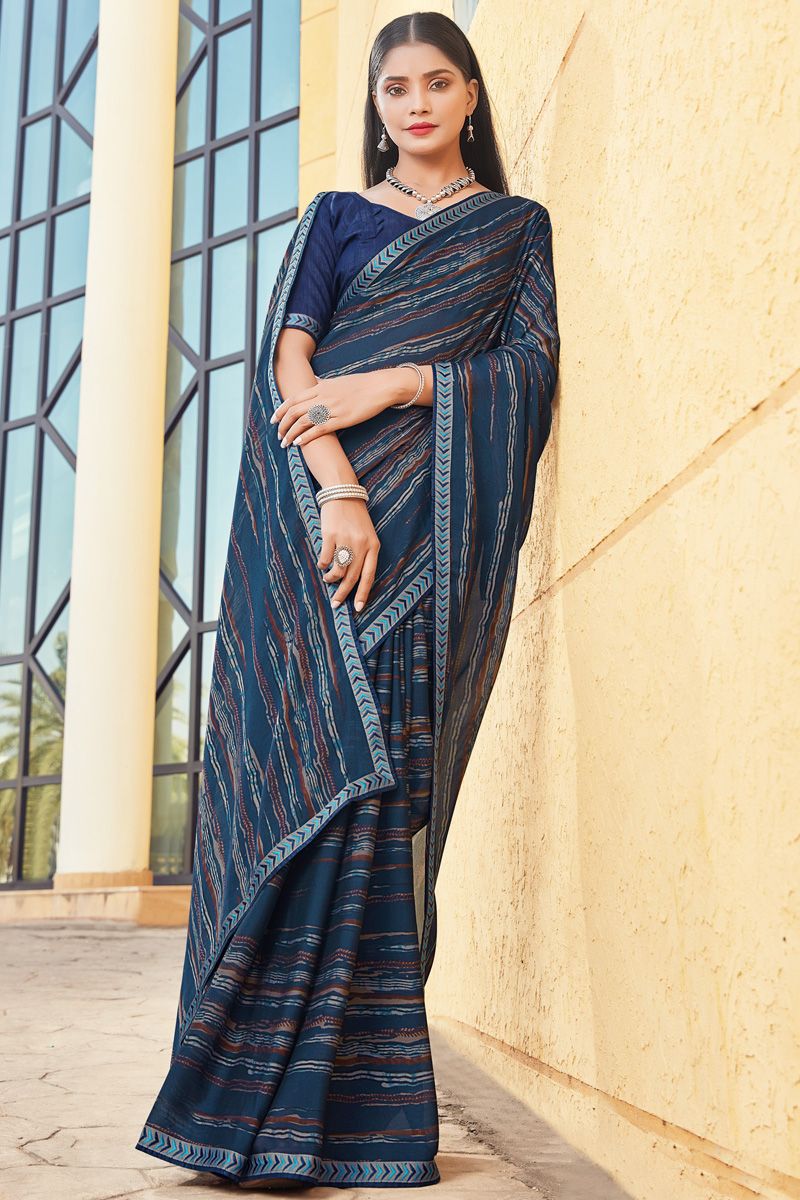 Solid Georgette Casual Look Printed Saree In Blue Color