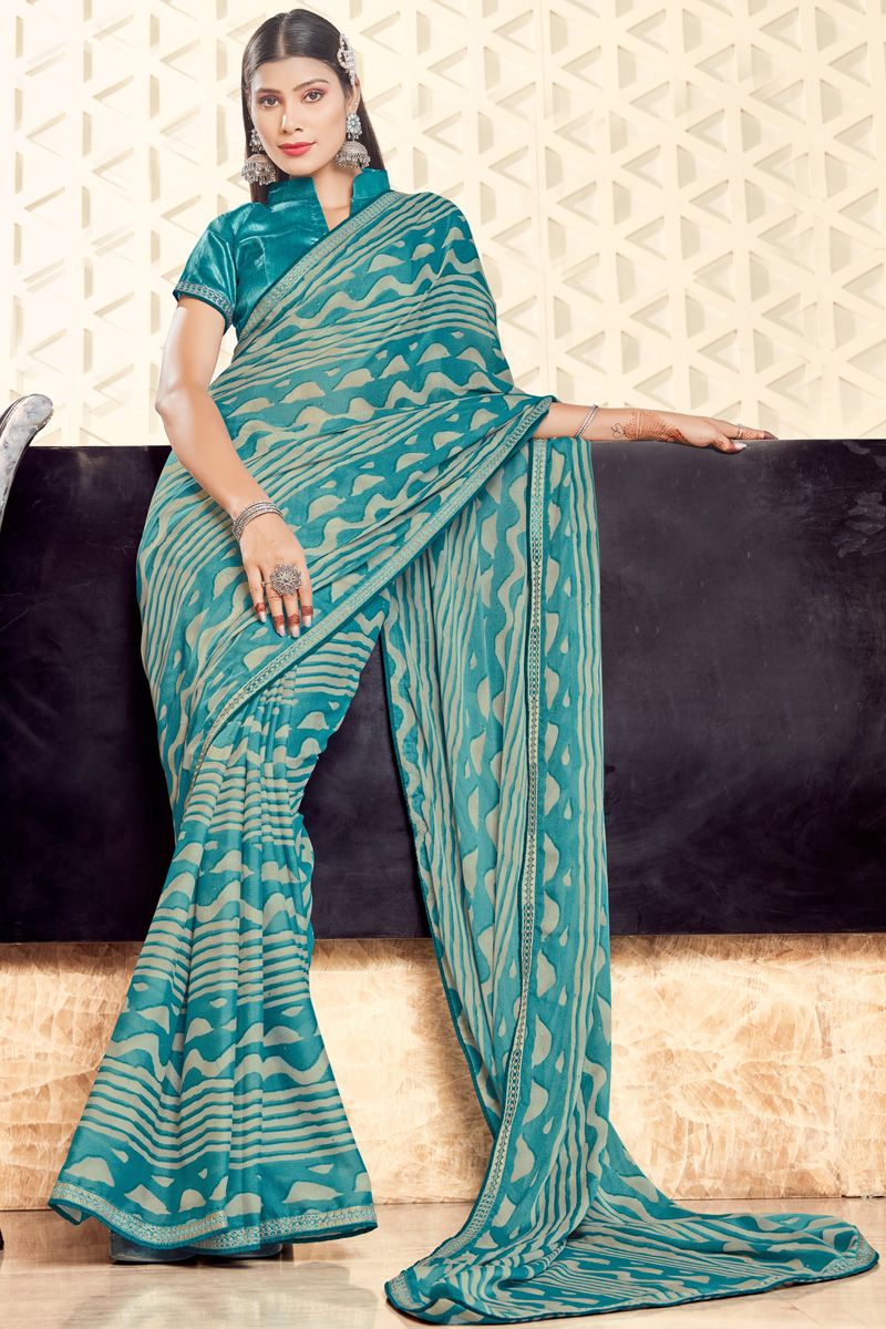 Entrancing Georgette Casual Look Printed Saree In Light Cyan Color