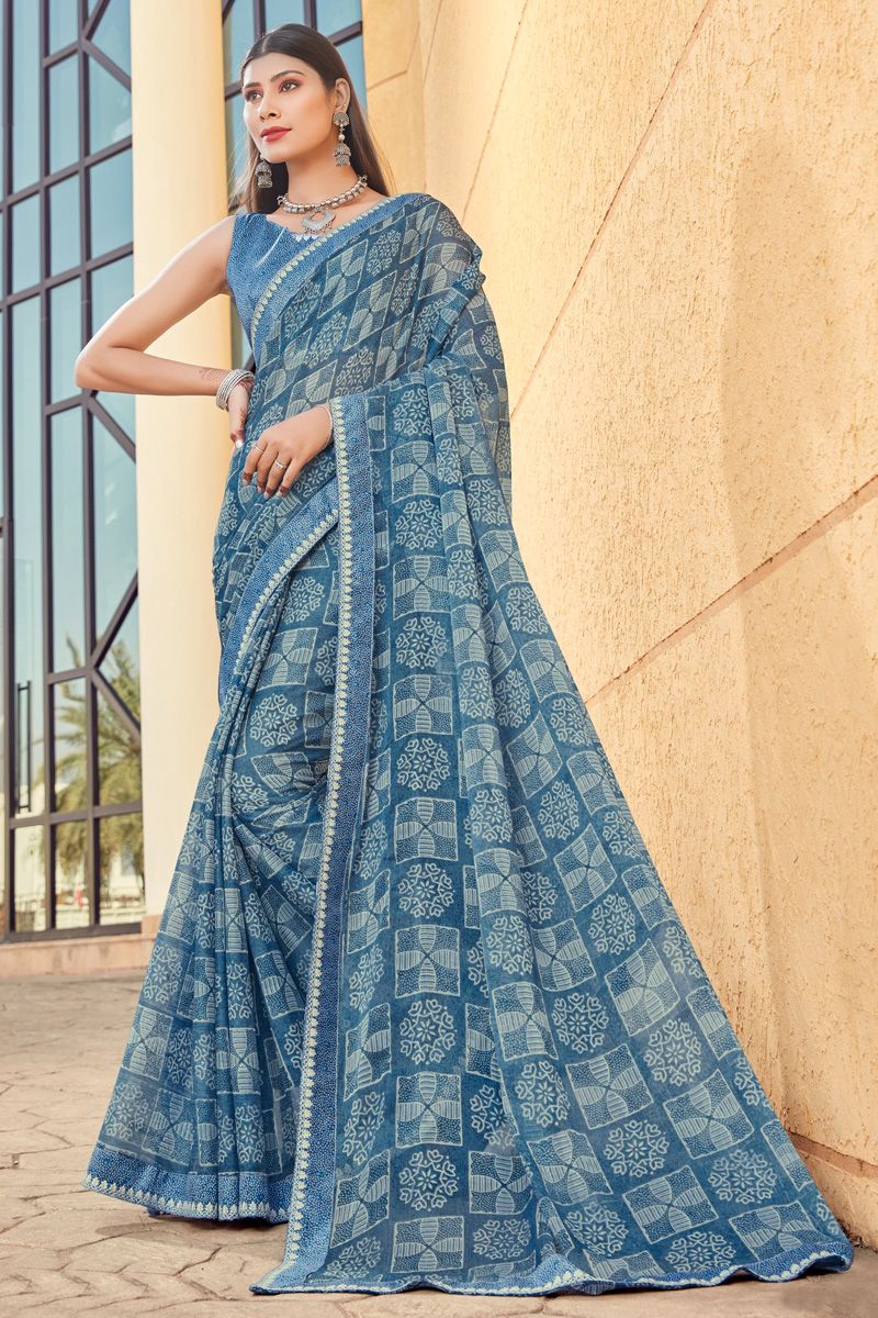 Georgette Mesmeric Blue Color Casual Look Printed Saree