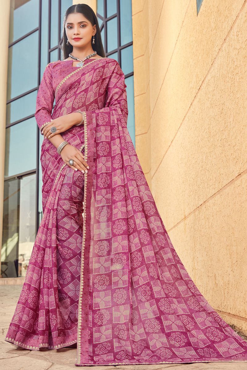 Radiant Pink Color Georgette Casual Look Printed Saree