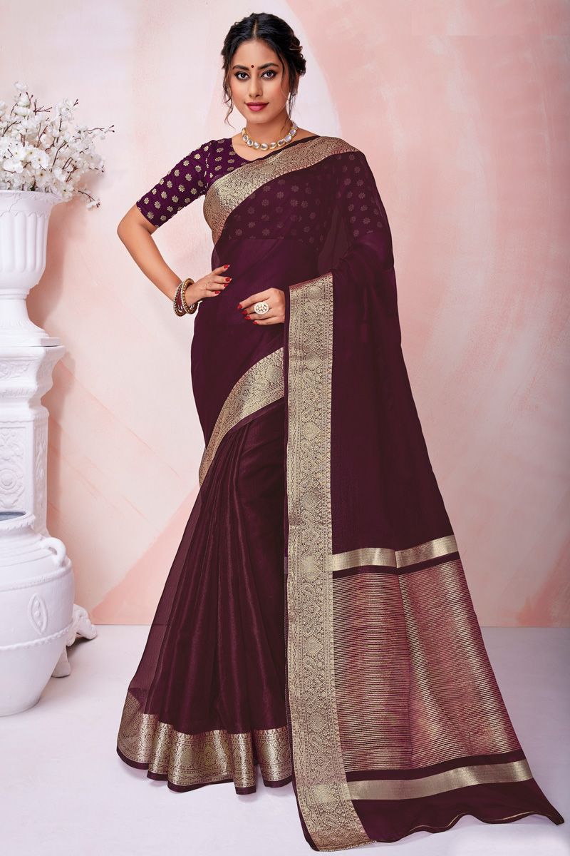 Wine Color Festival Look Organza Saree