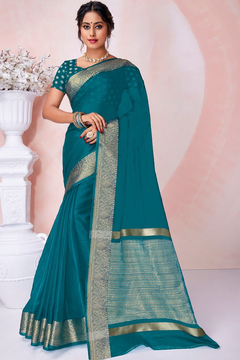 Cyan Color Festival Look Provocative Organza Saree