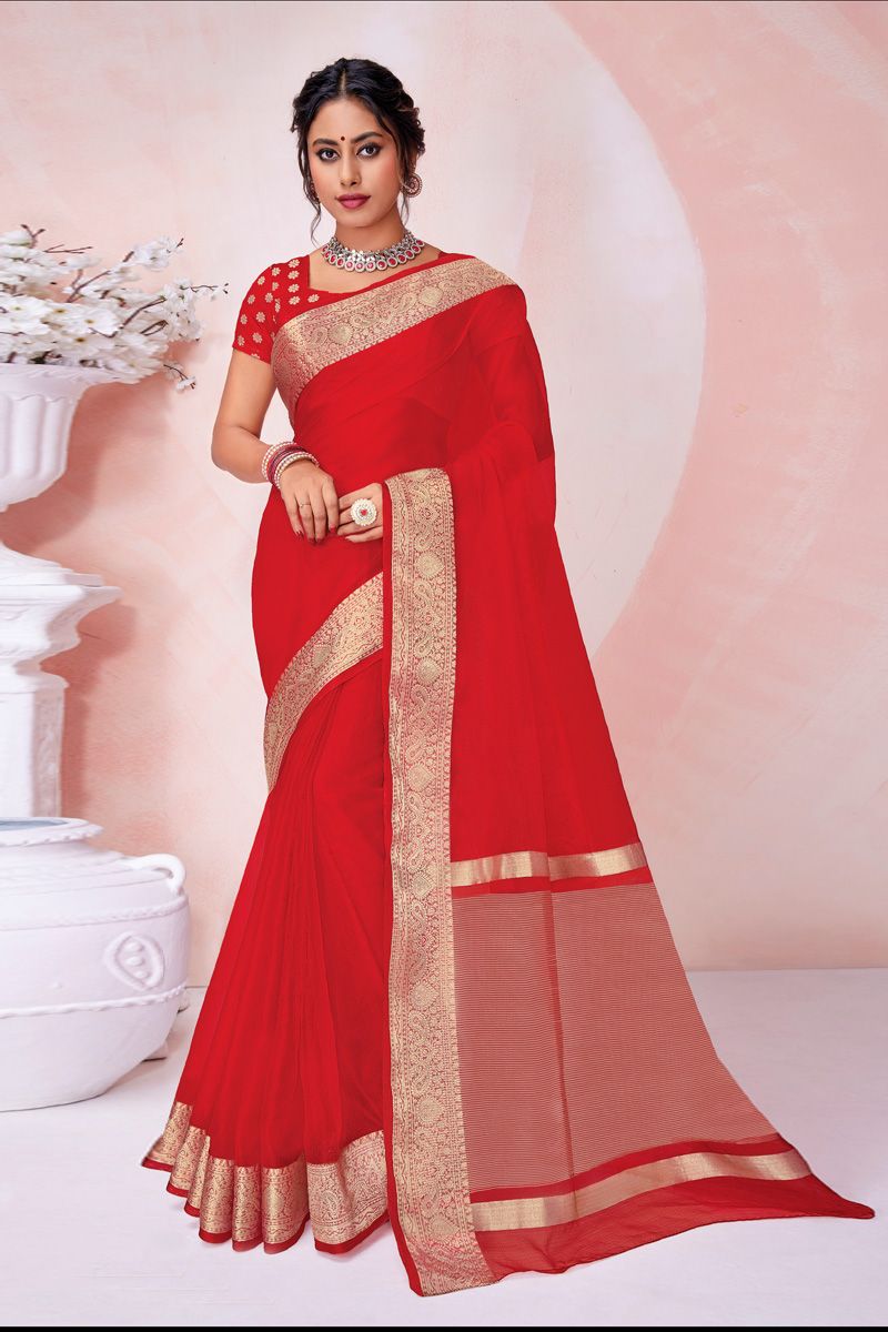 Red Color Festival Look Sober Organza Saree