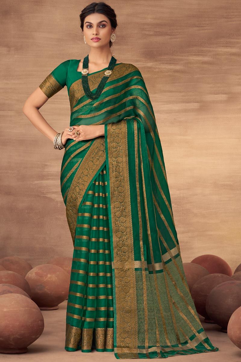 Green Color Superior Organza Saree With Weaving Work