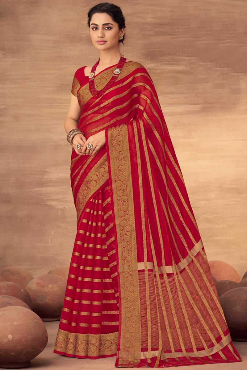 Red Color Organza Saree With Ingenious Weaving Work