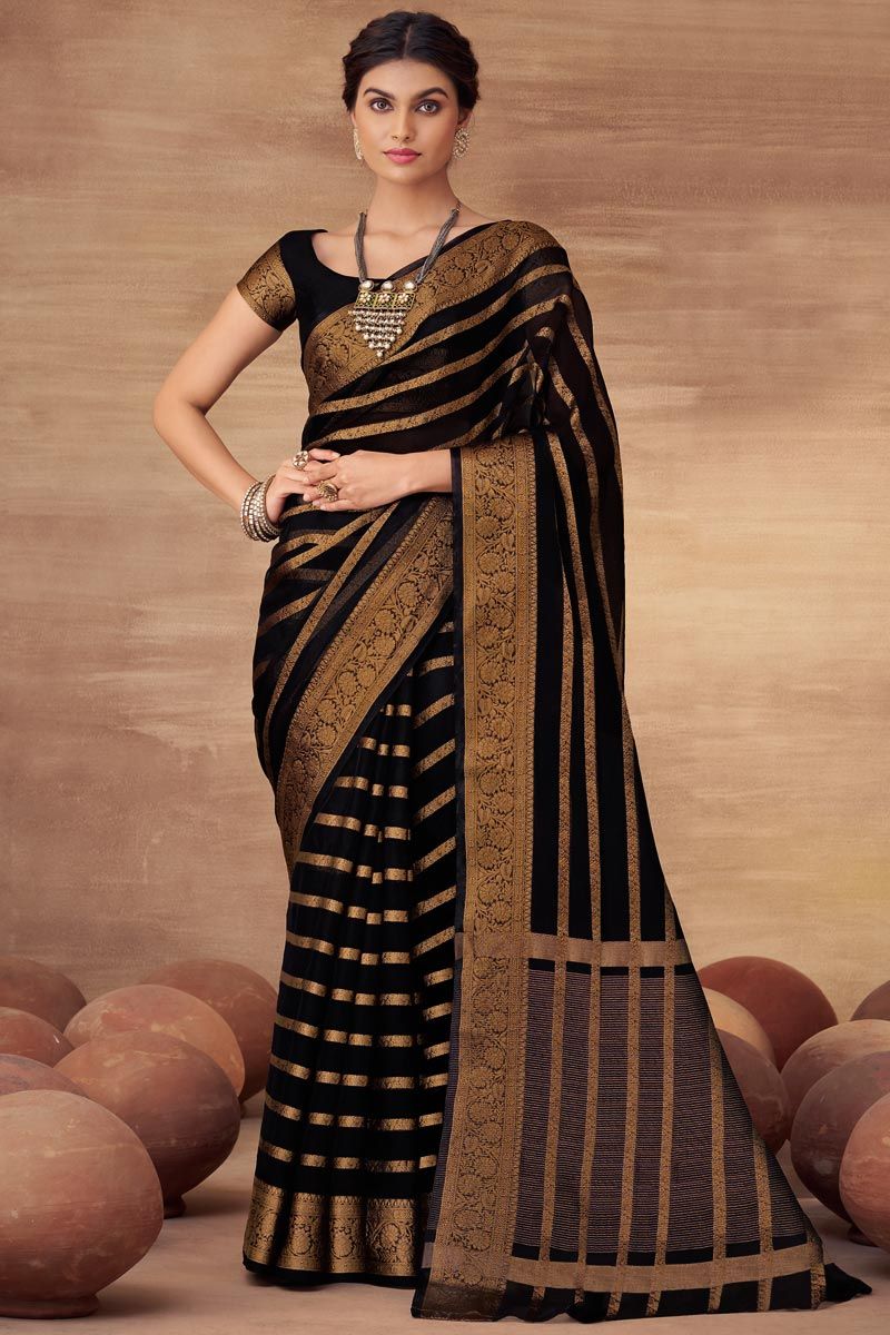 Black Color Organza Saree With Weaving Work