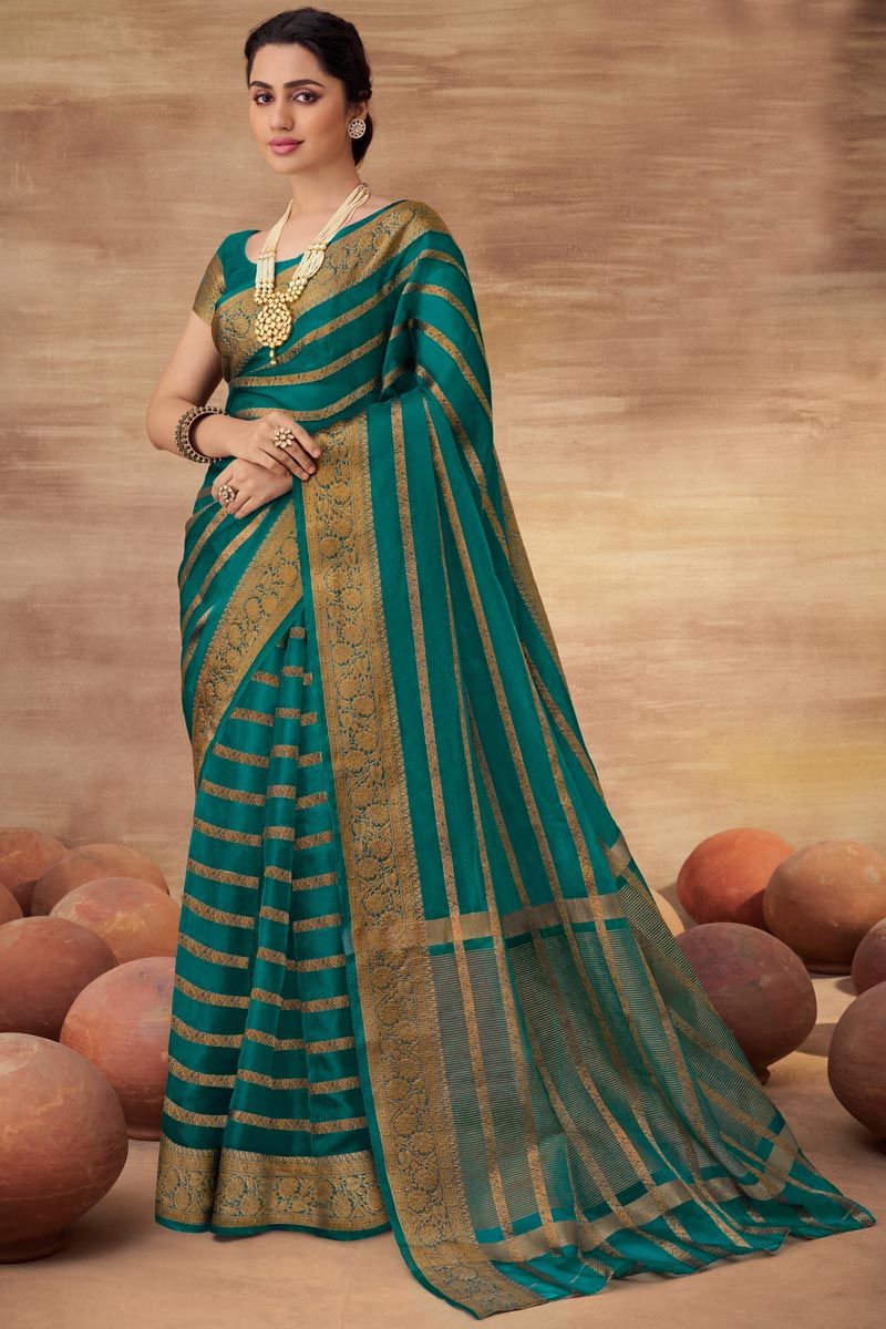 Weaving Work Teal Color Organza Saree