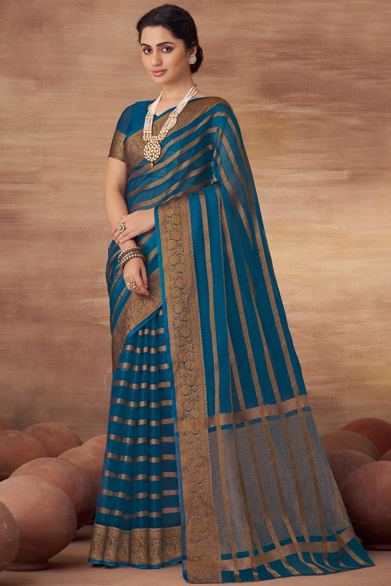 Weaving Work On Blue Color Organza Saree