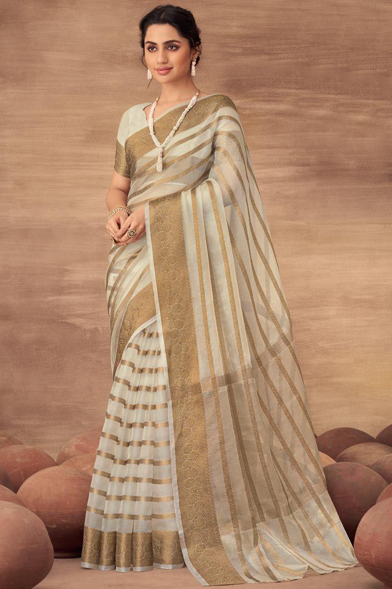 Beige Color Organza Saree With Fascinating Weaving Work