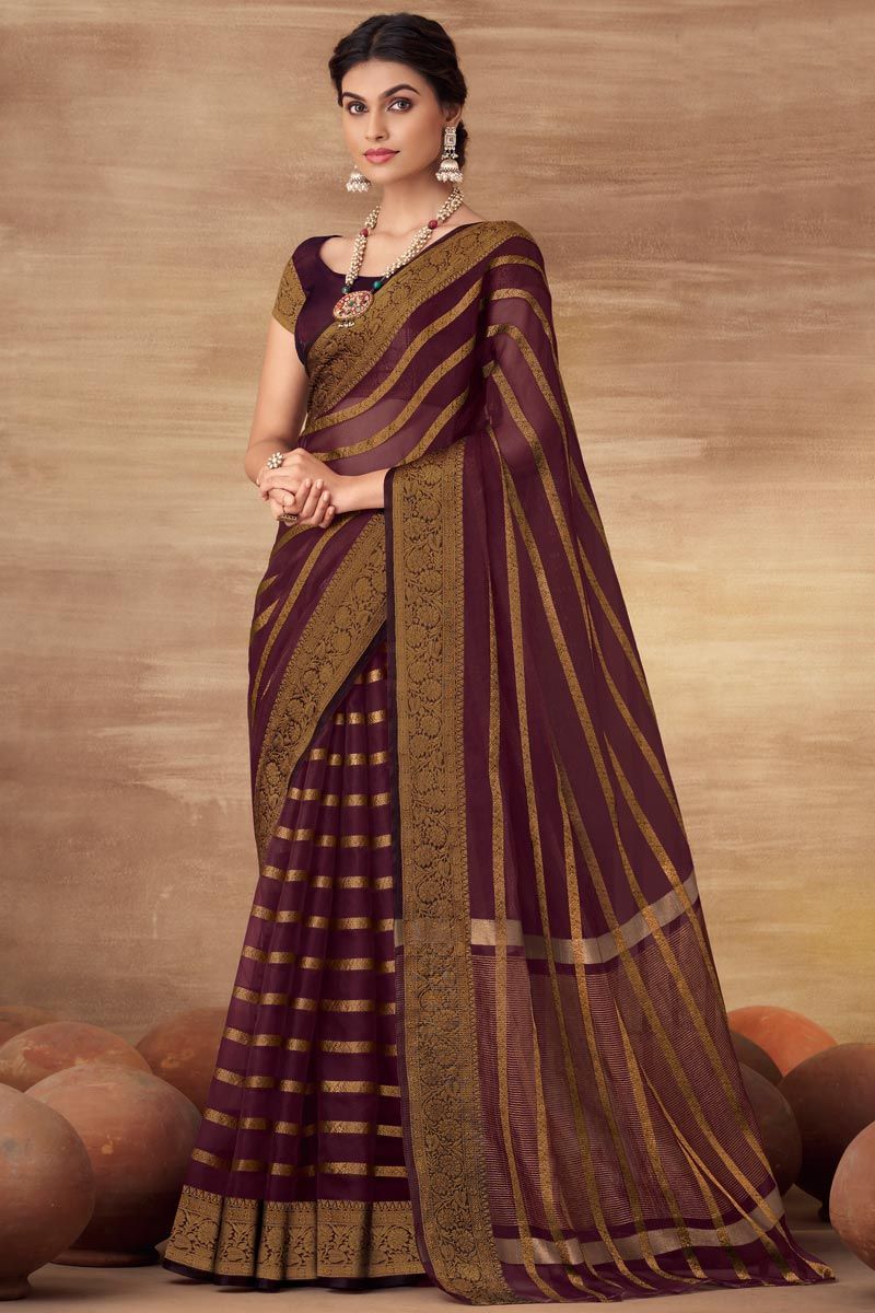 Weaving Work On Organza Saree In Wine Color