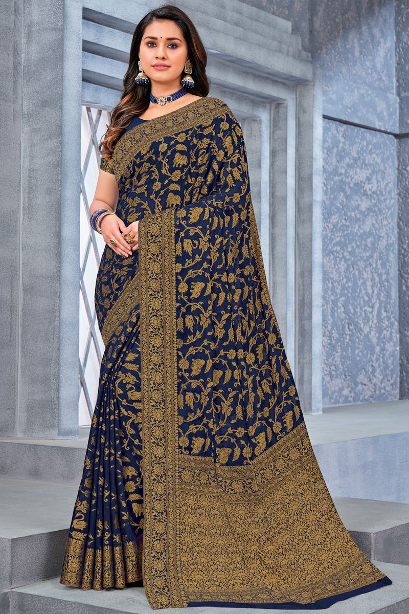 Chiffon Fabric Weaving Work Bewitching Blue Color Saree